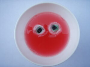 Bol de soupe d'Halloween rouge grenadine avec des yeux globuleux faits de litchis et pâte d'amandes