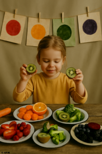 La Place de la Joie : Une petite fille souriante et enthousiaste en pull jaune tient des moitiés de kiwi devant des assiettes de fruits et légumes colorés (fraises, abricots, orange, myrtilles), avec des cartes colorées en arrière-plan.