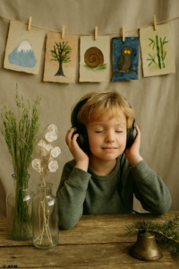 Un petit garçon calme portant un casque audio et écoutant les sons de la nature au Jardin du Calme, avec des illustrations suspendues en arrière-plan.
