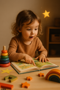 Un enfant découvrant un livre d'histoires magique dans une ambiance douce et chaleureuse, parfait pour les comptines et les contes du Coin de la Tristesse et de l'Empathie.