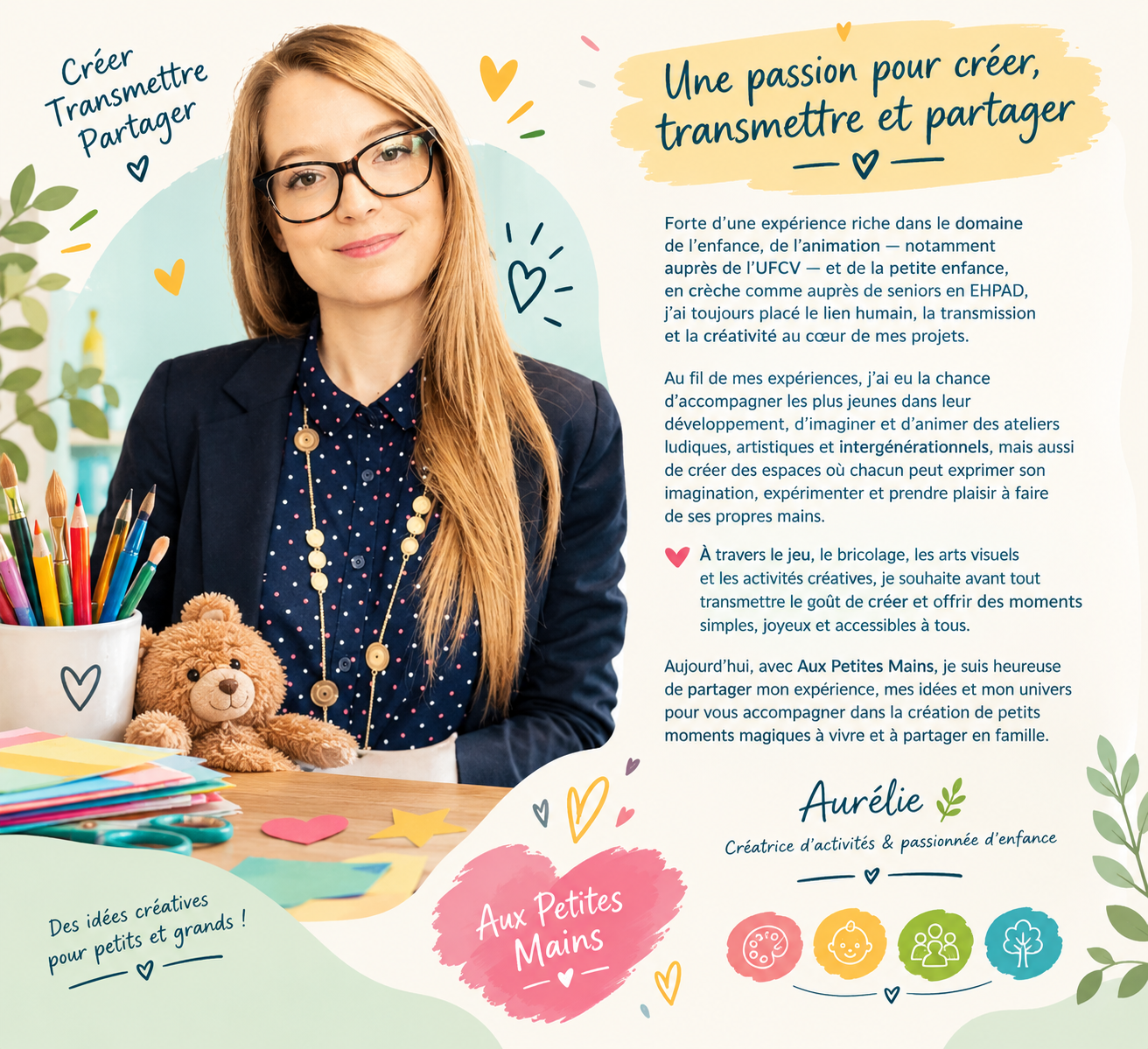 Aurélie, créatrice d'activités et passionnée d'enfance pour Aux Petites Mains.
